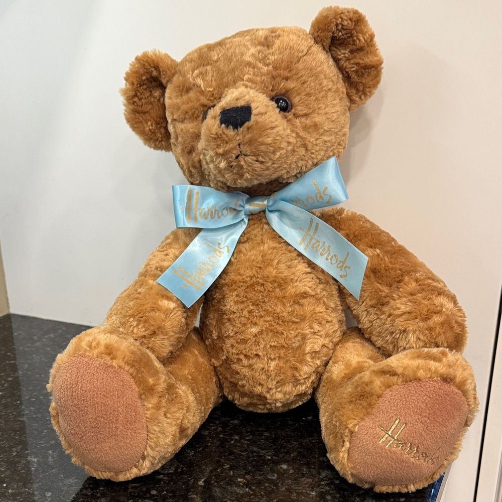 Harrods Tan Teddy Bear with Light Blue Bow. Size 19”.